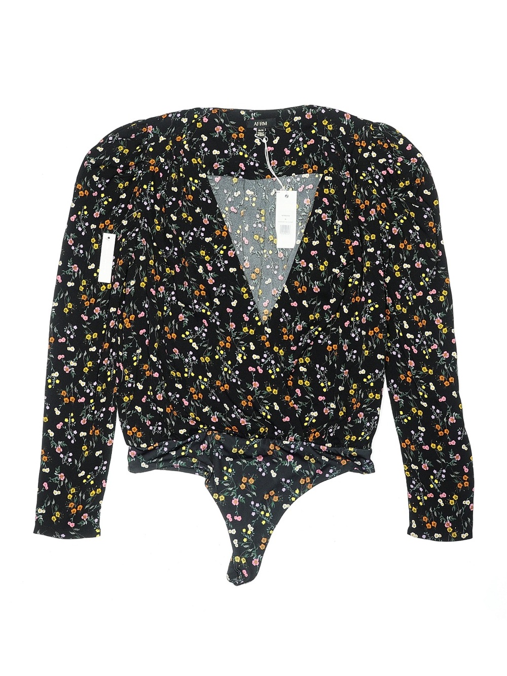AFRM Black Floral Wrap Bodysuit with Yellow, Pink and Orange Flowers